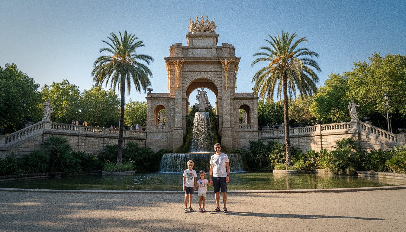 Famiglia con bambini davanti alla Cascada del Parc de la Ciutadella a Barcellona in una giornata di sole, con palme e fontana monumentale
