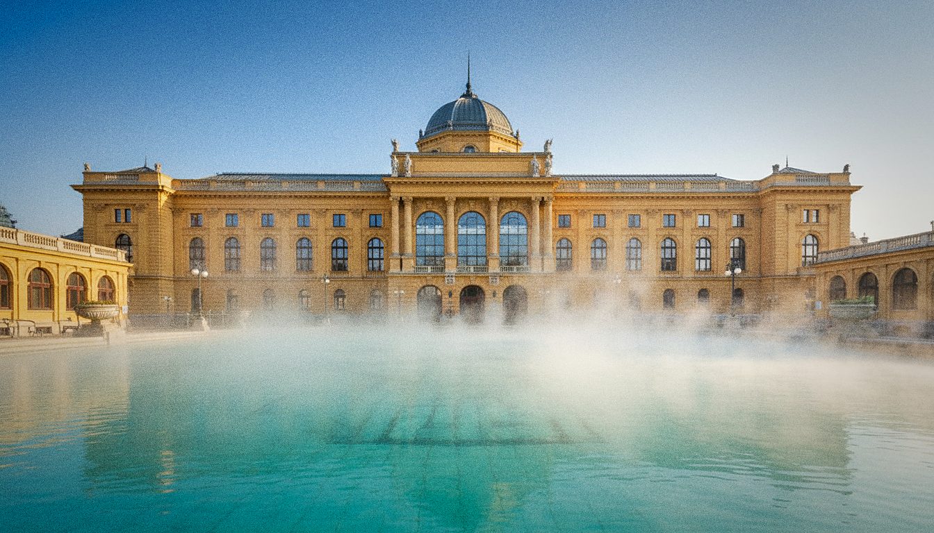 Piscina esterna delle Terme Széchenyi a Budapest con vapore sull'acqua e la facciata gialla neobarocca sullo sfondo