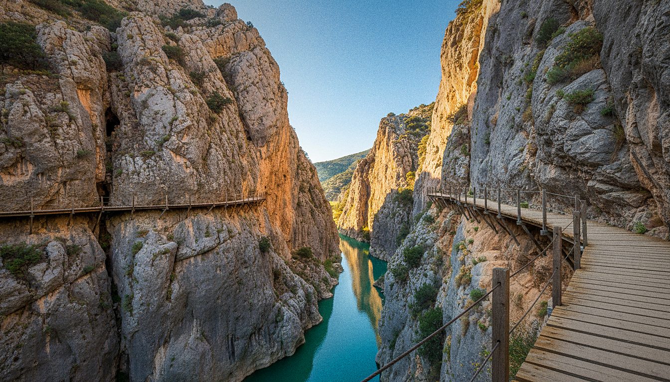 Passerella in legno del Caminito del Rey sospesa sulla parete di roccia della gola del Gaitanejo, con il fiume Guadalhorce in basso