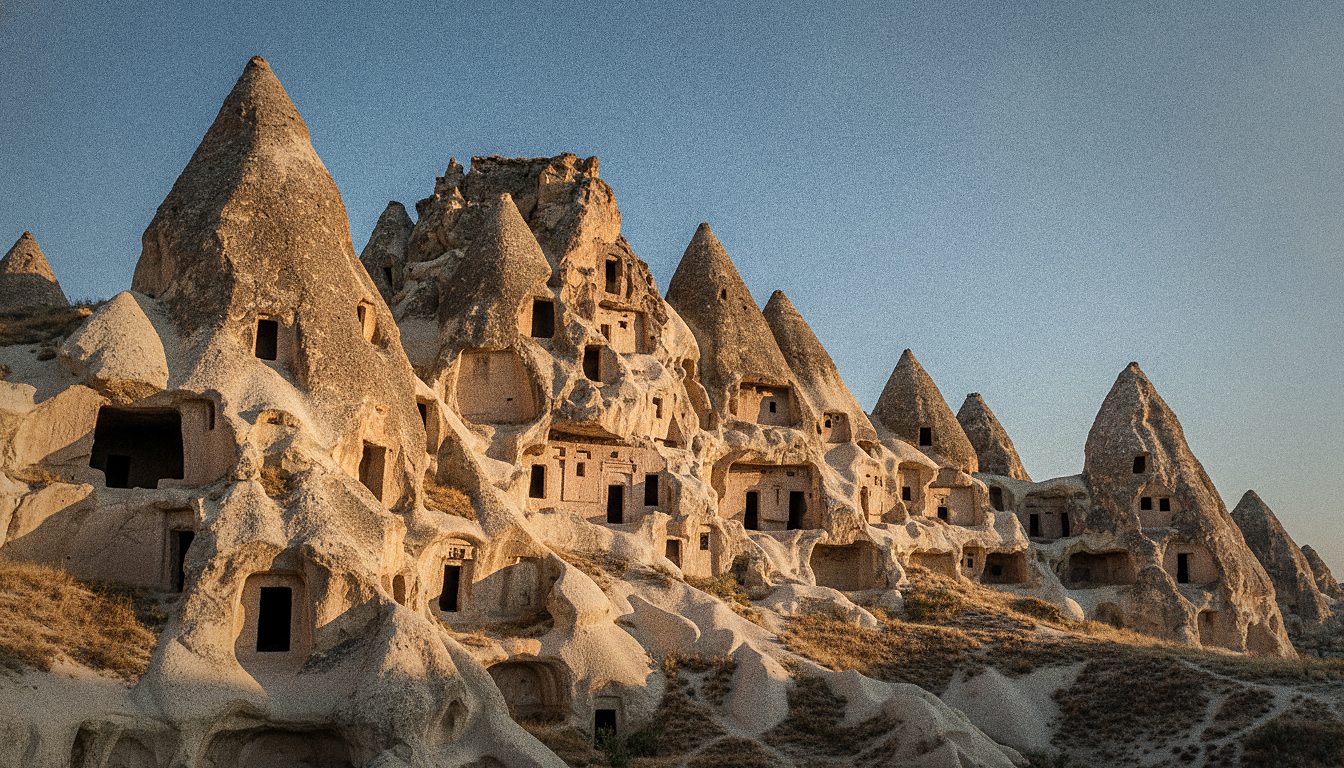 Chiese scavate nella roccia tufacea del Museo all'aperto di Göreme in Cappadocia, con aperture scure nelle pareti chiare