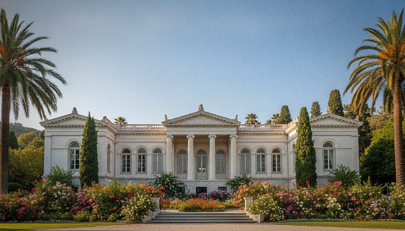 Facciata neoclassica dell'Achilleion a Corfù con colonnato e giardino fiorito, circondata da palme e cipressi