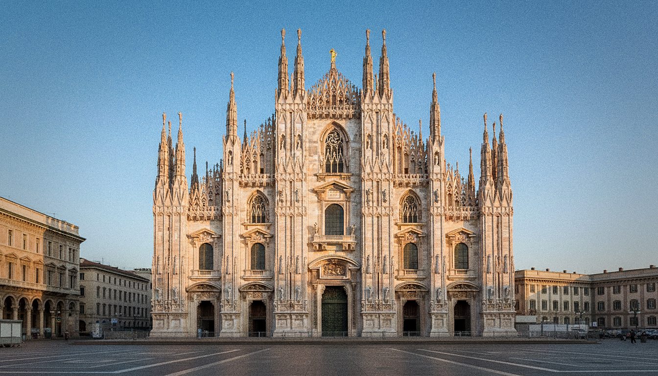 Facciata in marmo rosato del Duomo di Milano vista da piazza del Duomo in una mattina limpida, con le guglie e la Madonnina in cima