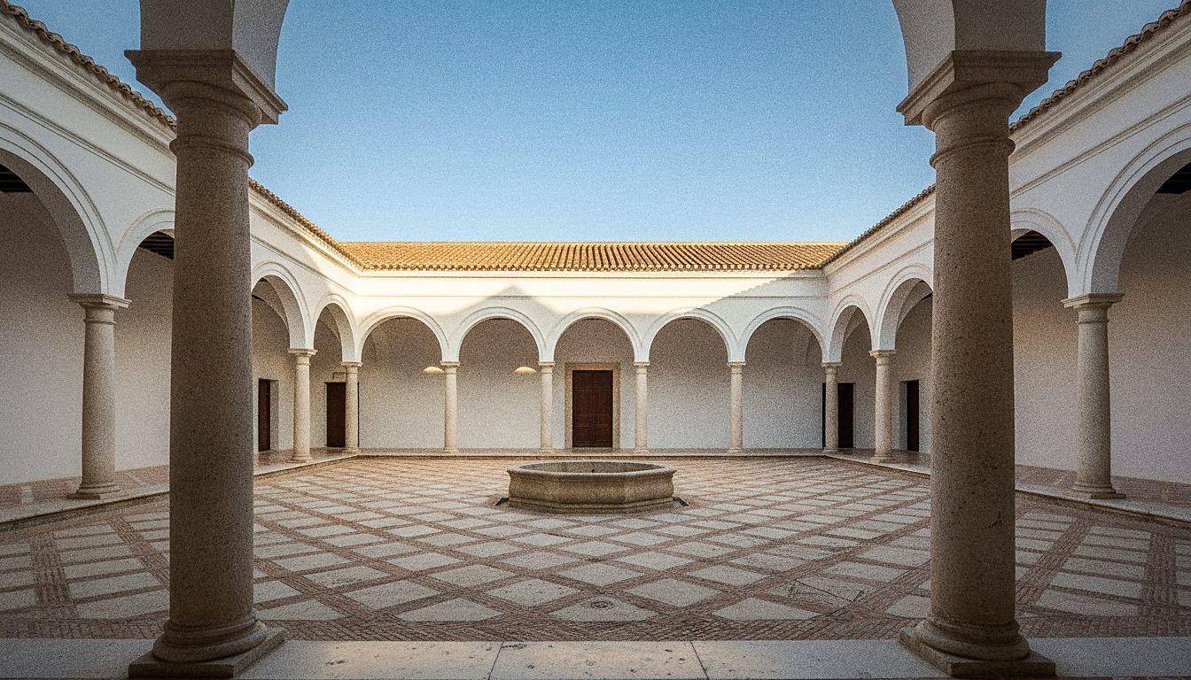 Cortile interno del Palacio de Buenavista a Málaga, sede del Museo Picasso, con archi bianchi e pavimento in pietra