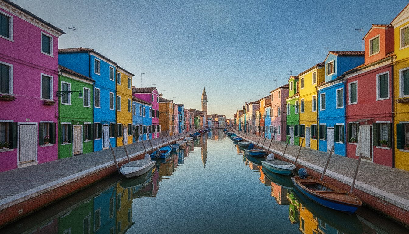 Case colorate affacciate su un canale di Burano con barche ormeggiate