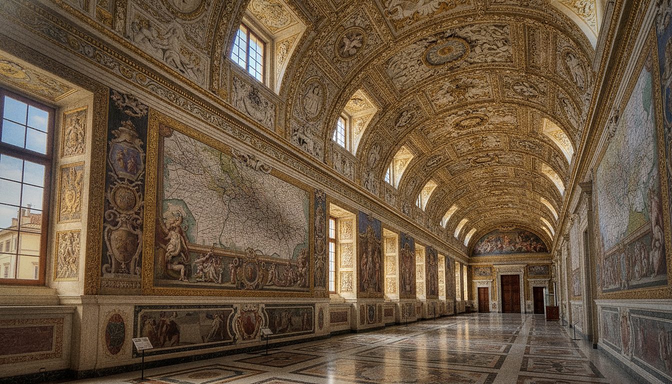 Volta della Galleria delle Carte Geografiche nei Musei Vaticani, con stucchi dorati e mappe dipinte sulle pareti laterali