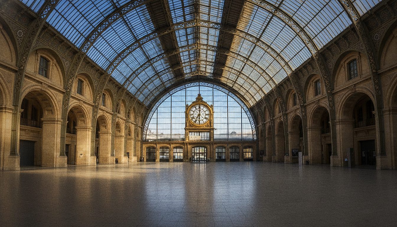 Navata centrale del Museo d'Orsay sotto la volta vetrata dell'ex stazione con il grande orologio dorato in fondo