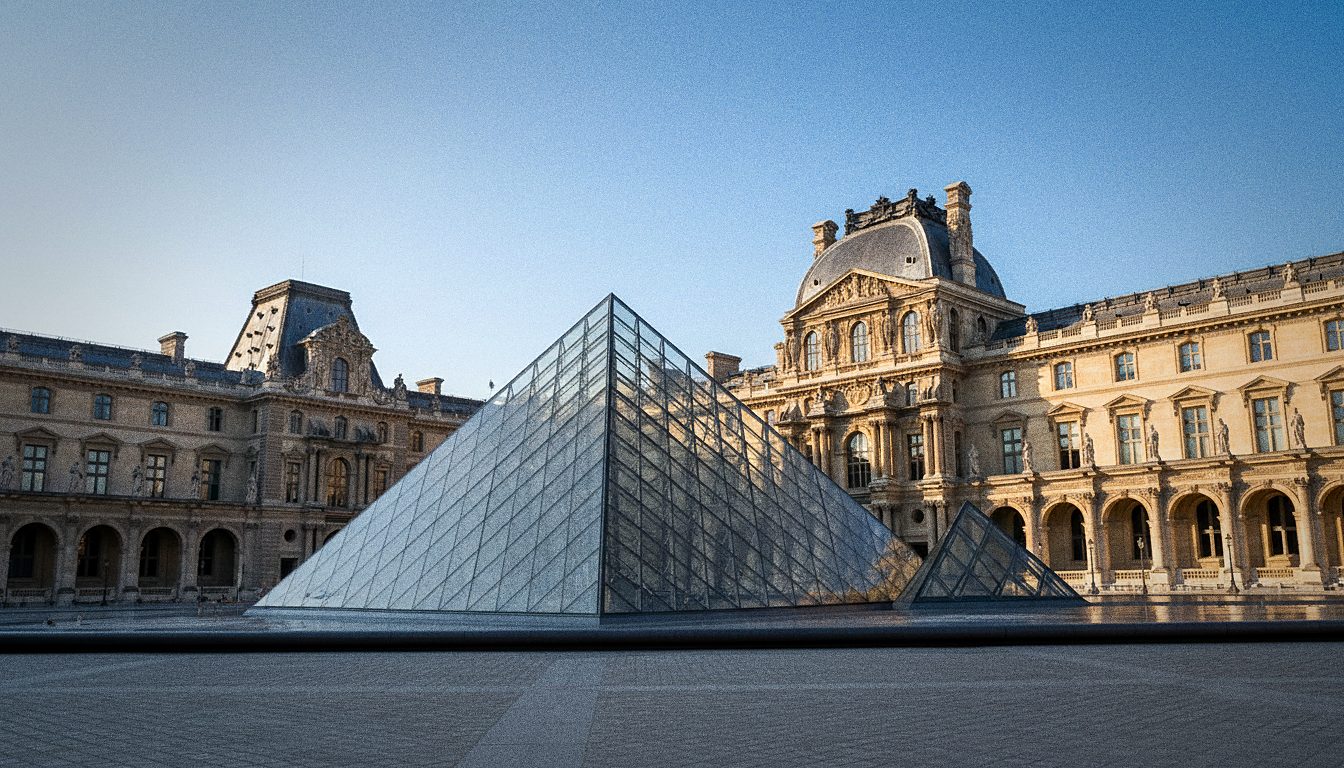 Piramide di vetro del Louvre nel cortile Napoléon con le facciate del palazzo e visitatori al mattino