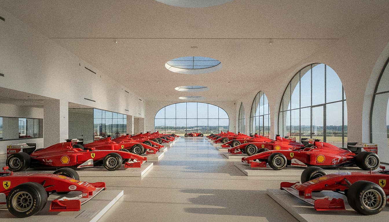 Sala del Museo Ferrari di Maranello con monoposto di Formula 1 rosse esposte in fila