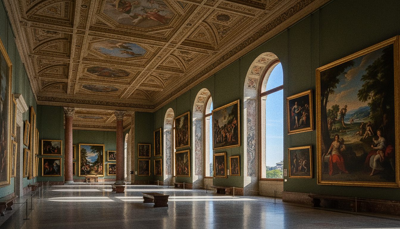 Visitatori in una grande galleria di museo con dipinti alle pareti e luce naturale
