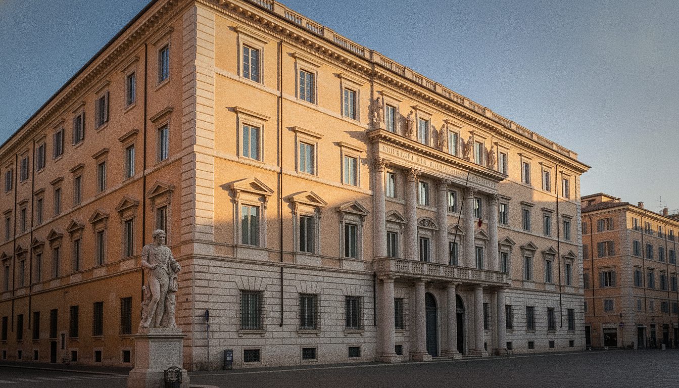 Facciata di Palazzo Braschi affacciata su piazza Navona a Roma, con la statua di Pasquino sull'angolo del palazzo