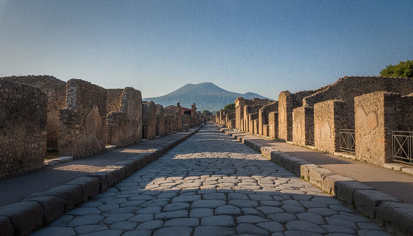 Via dell'Abbondanza negli scavi di Pompei con il selciato romano, i marciapiedi rialzati e il Vesuvio sullo sfondo