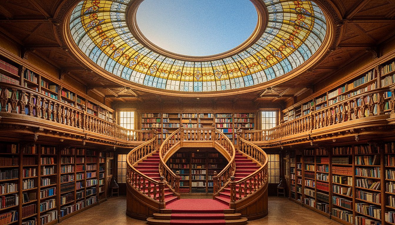 Interno della Livraria Lello a Porto con la scala rossa a doppia rampa, gli scaffali in legno scuro e la vetrata colorata del soffitto