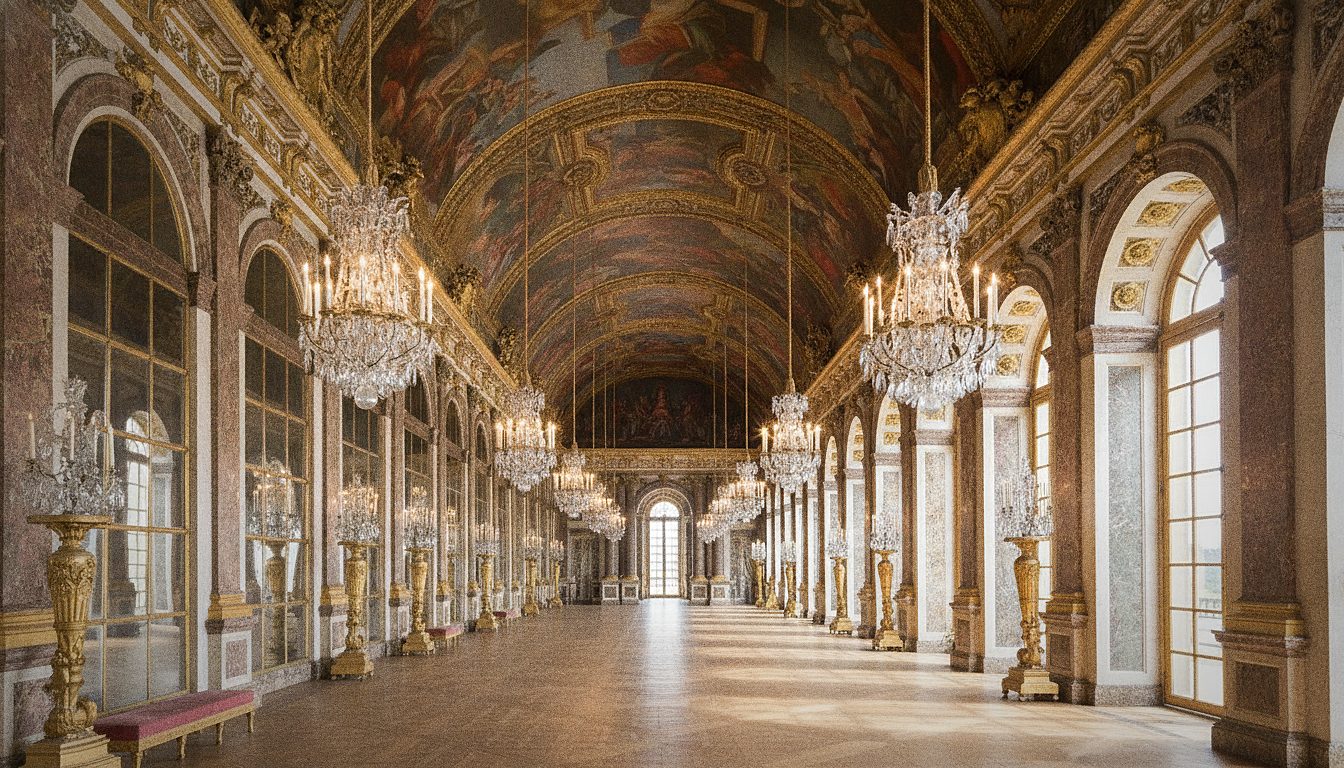 Galleria degli Specchi della Reggia di Versailles con lampadari di cristallo e soffitto dipinto illuminato dalla luce delle finestre