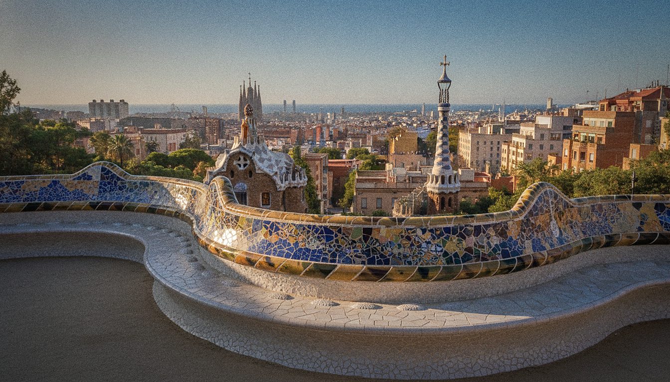 Panchina ondulata rivestita di mosaico ceramico a Parc Güell con vista su Barcellona e il mare sullo sfondo