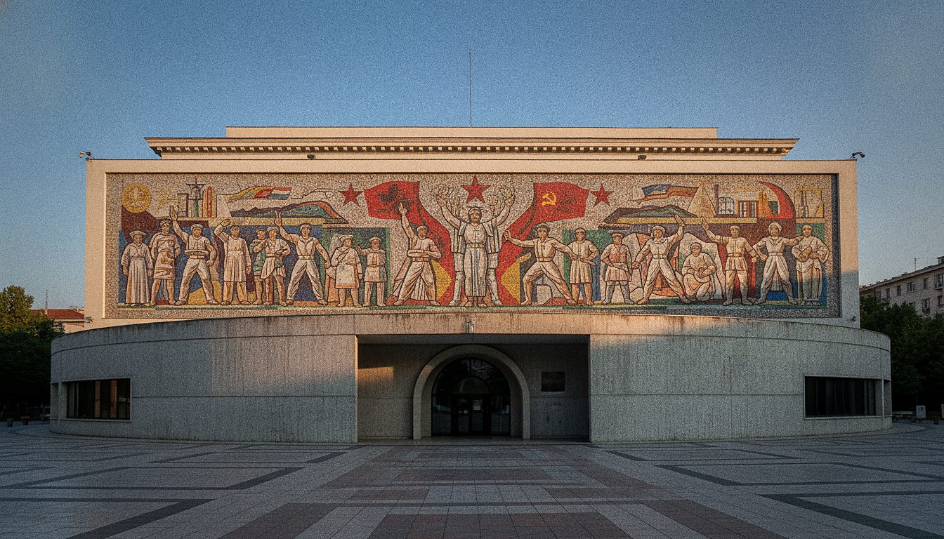 Facciata del Museo Storico Nazionale di Tirana in piazza Skanderbeg con il grande mosaico colorato sopra l'ingresso