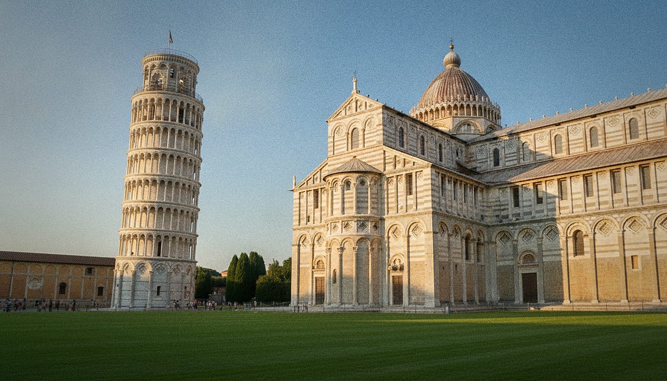 La Torre di Pisa inclinata accanto all'abside del Duomo, sul prato verde di Piazza dei Miracoli in una giornata di sole